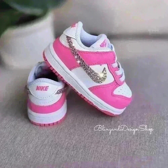 Bling Nike Girls Dunk Low Baby Toddler Pink Sneakers Shoes Custom with Crystals - Picture 5 of 8
